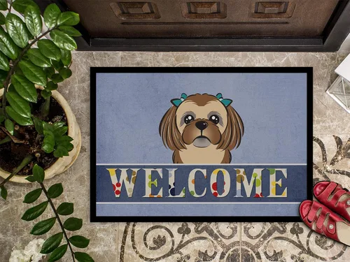 Miniatura 3 de Caroline's Treasures BB1435JMAT - Tapete de bienvenida Shih Tzu color marrón chocolate, 24 x 36 pulgadas, tapete azul para puerta delantera