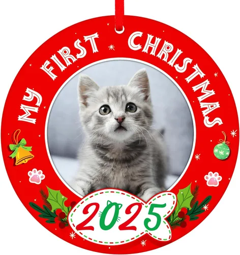 PETCEE Adornos de gato para árbol de Navidad - Mi Primera Navidad Ornamento 2025 Marco de fotos de gatito Adornos personalizados para colgar fotos