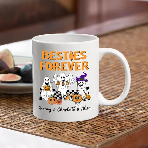 Miniatura 3 de Taza de café blanca personalizada de Halloween Besties, Besties Forever y 3 tazas de café Boo de 11 onzas y 15 onzas, bonita taza de cerámica Boo