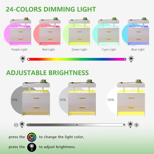 Miniatura 6 de HNEBC Mesita de noche LED, RGB blanco con estación de carga USB/inalámbrica, moderna mesita de noche con sensor automático de luces RGB, mesa blanco