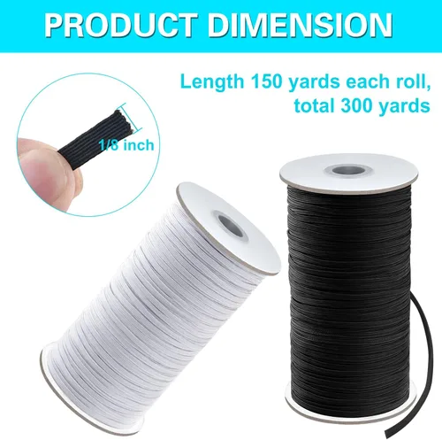 Miniatura 2 de Coopay Bandas elásticas planas de 300 yardas de largo, 1/8 pulgadas de ancho, cuerda elástica plana de punto para coser proyectos de bricolaje