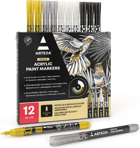 Miniatura 9 de ARTEZA Marcadores de pintura acrílica metálica, juego de 12 (6 dorados + 6 plateados), puntas extrafinas de 0.069 pulgadas, bolígrafos de pintura a