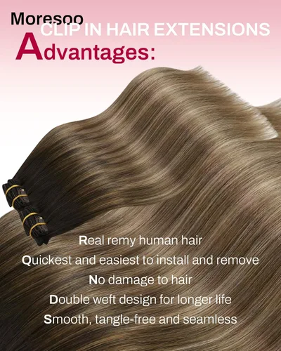 Miniatura 2 de Moresoo Extensiones de cabello humano con clip, balayage, color marrón oscuro a marrón dorado con clip, extensiones de cabello humano con clip, 5