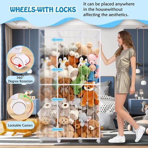 Miniatura 6 de Almacenamiento de animales de peluche, tubo de metal extra grande organizador de almacenamiento de juguetes con ruedas de freno, soporte para Blanco