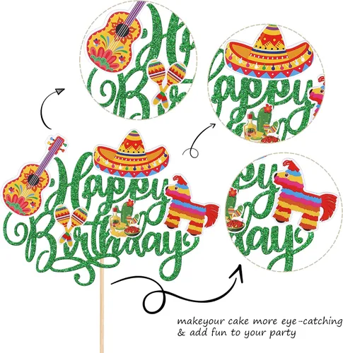 Miniatura 3 de 1 paquete de decoración para pastel de cumpleaños, cactus y burro, raquetas de guitarra y pimienta, para fiesta mexicana, baby shower, fiesta de 2