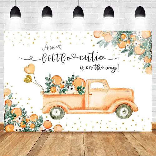Miniatura 2 de Mocsicka A Little Cutie - Telón de fondo para baby shower, color naranja y camión, fondo de baby shower, tema mandarina, baby shower, para niña