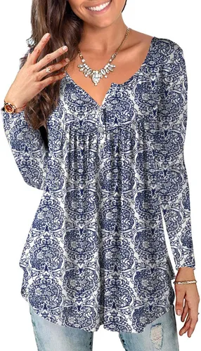 a.Jesdani - Blusas para mujer, tipo túnica, de manga larga, estilo Henley, casual, con diseño floral, talla extra grande