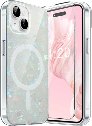 Miniatura 13 de Funda MagSafe para iPhone 15 Pro para mujeres y niñas, funda magnética iridiscente con purpurina iridiscente de ópalo perlado