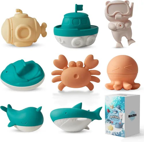 Miniatura 11 de MarcZero Juguetes de baño de silicona oceánica, 8 piezas para niños pequeños, juguetes de agua para la bañera, juguetes de piscina suaves