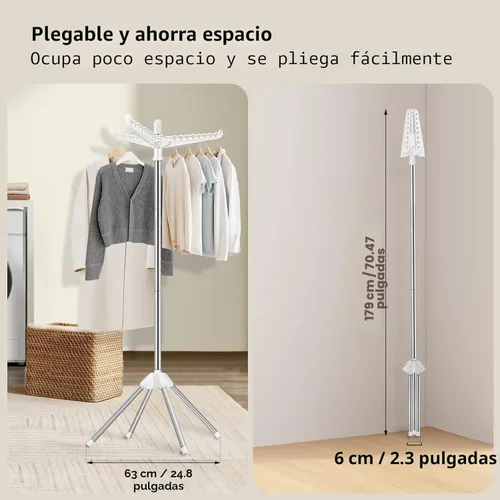 Miniatura 4 de SUYU Tendedero de Ropa, Tendedero Plegable para Ropa, Tendedero de Lavandería, Tendedero Interior de 59 Pulgadas con 3 Brazos Giratorios, Acero