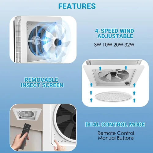 Miniatura 6 de Ventilador de techo para RV de 14" silencioso con motor de menor ruido, ventilación permanente de nivel de soporte reversible Max Air para techo