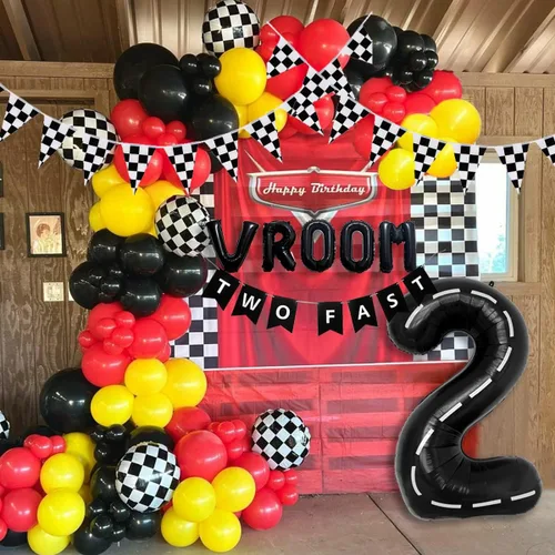 134 piezas Suministros de decoración de fiesta de cumpleaños de coche de carreras para niños - Globos de temática de carreras de cumpleaños Globos