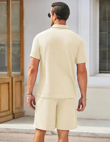 Miniatura 18 de COOFANDY Conjunto de camisa polo y pantalones cortos de punto gofre para hombre, conjunto de 2 piezas, traje de verano casual con bolsillos