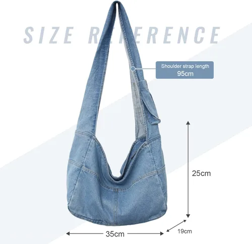 Miniatura 5 de Bolsas de mezclilla estilo hobo para mujer, estilo retro, para el hombro, estilo casual, para adolescentes, niñas