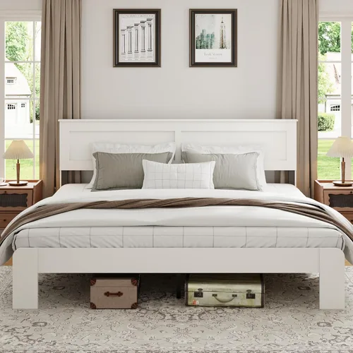 Miniatura 12 de Base de cama completa de madera con cabecera, base de cama de plataforma rústica de granja con soporte de 12 listones de madera, no necesita somier