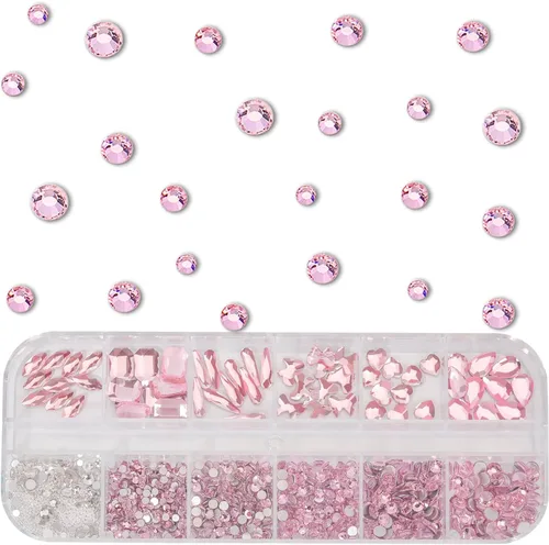 Miniatura 3 de Kit de diamantes de imitación de cristal 3D rosa claro multiformas para uñas, mezcla de 0.031 in, cuentas redondas plateadas para uñas, gemas