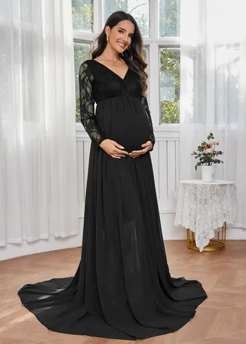 Miniatura 3 de ZIUMUDY Vestido de maternidad con cuello en V para fotografía de gasa, manga larga, con costuras de encaje, maxi vestido para baby shower
