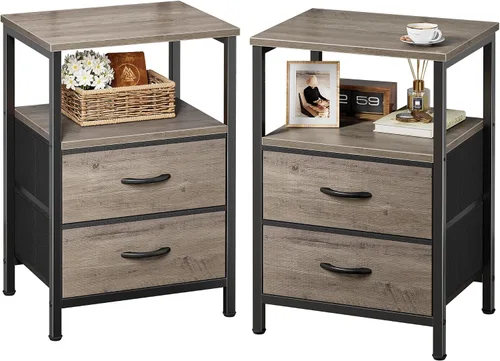 Miniatura 10 de Huuger Mesita de noche con 2 cajones, mesa auxiliar de cama con estante abierto, parte superior de madera, mesita de noche para dormitorio, mesa
