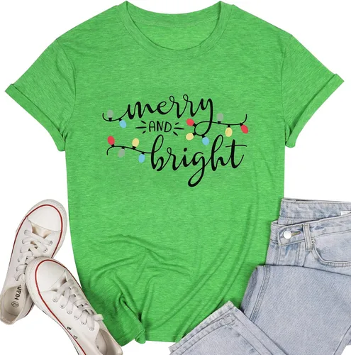 Christmas Shirt Merry and Bright Christmas Lights T-Shirts Women Xmas Lights Graphic Shirts Merry Christmas Holiday Top