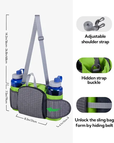 Miniatura 6 de Waterfly - Riñonera Fanny Pack: Bolso Fanny con 2 soportes para botellas de agua, cinturón lumbar, para senderismo, caminatas, correr, trotar, Verde