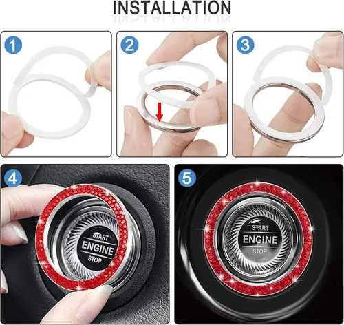 Miniatura 7 de WINKA 4 tapones para válvula de neumático de automóvil con diamantes de imitación, 1 cubierta de botón de motor de automóvil, anillo de encendido