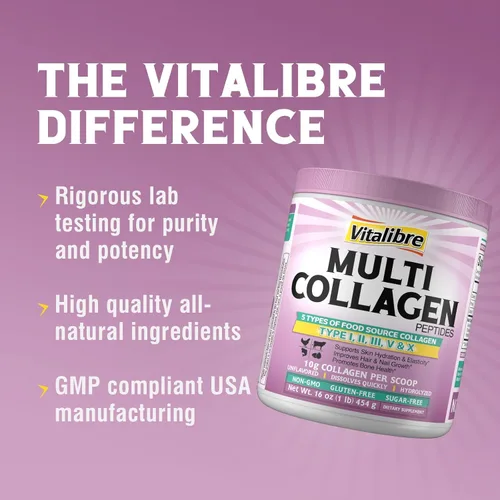 Miniatura 5 de Vitalibre Polvo de péptidos de colágeno múltiple tipo I II III V X, proteína de colágeno hidrolizada para mujeres y hombres, piel, cabello, uñas
