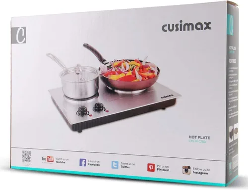 Miniatura 9 de CUSIMAX Placa de cocción doble de 1800 W, quemador doble de encimera de acero inoxidable plateado, portátil, eléctrico, placas de cocción de hierro