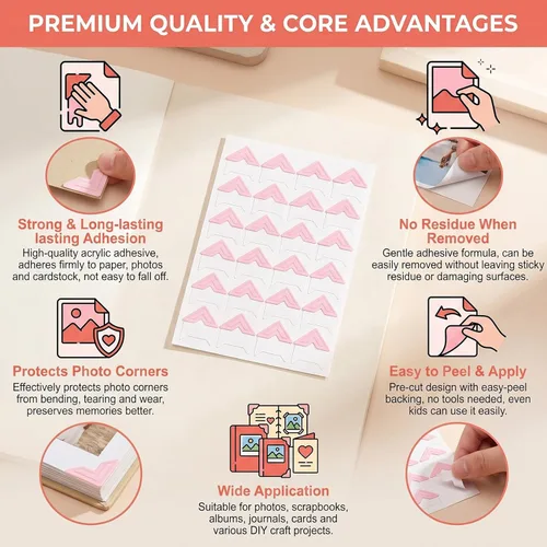Miniatura 4 de 6 hojas (144 unidades), calcomanías clásicas de papel autoadhesivas para esquinas de montaje de fotos, decoración de pared, calcomanías de bricolaje