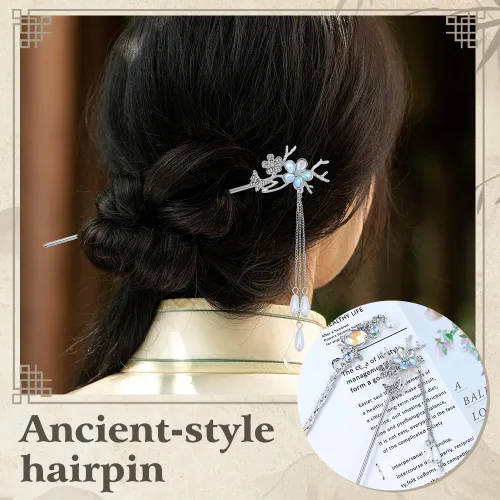 Miniatura 4 de inSowni 8 Piezas Palillos de Cabello Retro Vintage Asiáticos Chinos Tradicionales Hanfu de Metal Plateado con Colgantes de Cuentas de Perlas Flor