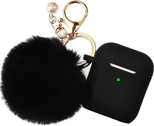 Filoto Compatible con Funda para Airpod 2 y 1, Linda Funda Protectora de Silicona Accesorios Fundas/Llavero/Pompón, Mejor Regalo para Niñas y Negro