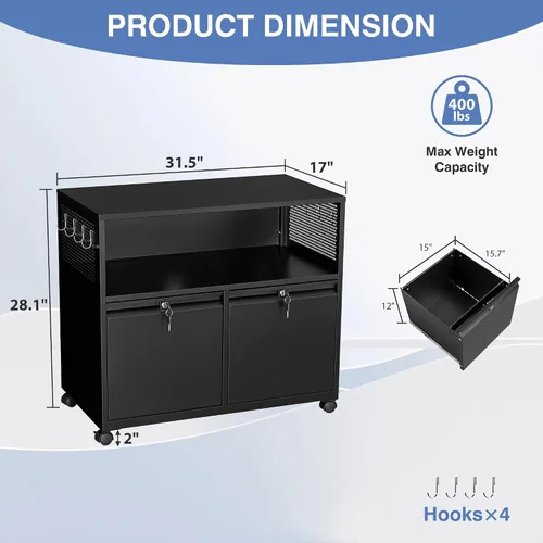 Miniatura 3 de Archivador de metal con 2 cajones con cerradura, gabinete archivador con soporte para impresora móvil y estantes para archivos de tamaño Negro