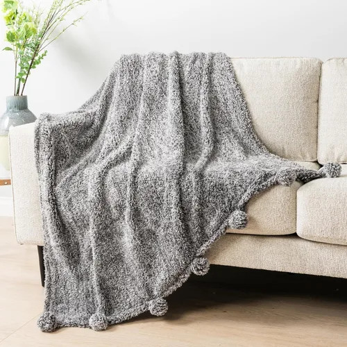 Miniatura 13 de PAVILIA Manta de sherpa negra para sofá, cálida manta de felpa con pompones, manta mullida para sofá, ligera, suave y acogedora con pompones, 50 x
