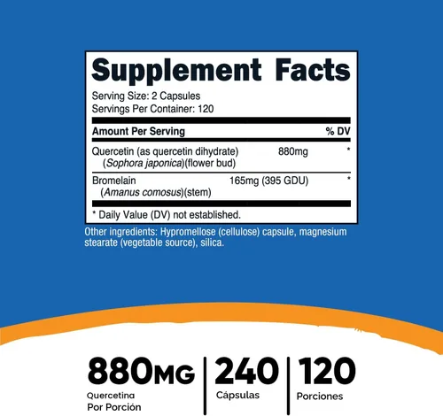 Miniatura 2 de Nutricost Quercetina 880 mg, 240 Cápsulas Vegetarianas con Bromelina (165 mg) – 120 Porciones (440 mg de Quercetina por Cápsula) – Sin Gluten, Sin