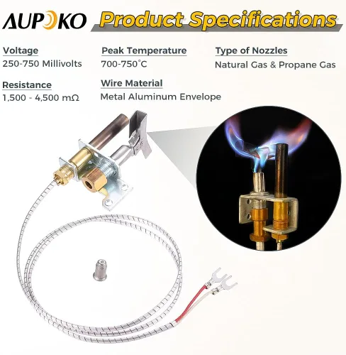 Miniatura 3 de Aupoko Quemador piloto y conjunto de termopila, termopila de aluminio de 36 pulgadas 250-750 MV, quemador piloto está equipado con orificio piloto