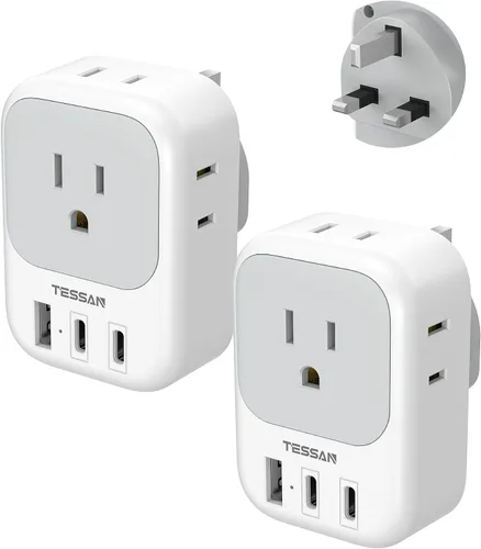 Adaptador de enchufe de EE. UU. a Reino Unido, paquete de 2, adaptador TESSAN tipo G para viajes con 4 tomacorrientes, 3 USB (2 USB-C), adaptador de