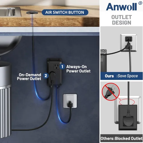 Miniatura 3 de Kit de interruptor de aire para eliminación de basura ANWOLL - Profesional - Doble salida, interruptor de encendido/apagado para desagüe en la parte