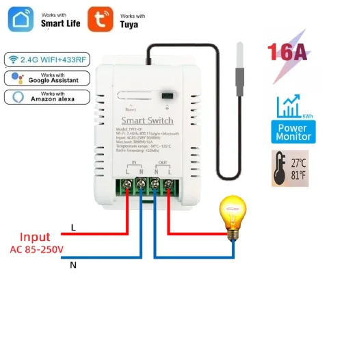 Miniatura 2 de Módulo de sensor de controlador de temperatura WiFi, aplicación Tuya, control remoto inalámbrico de 16 A, interruptor inteligente con monitoreo
