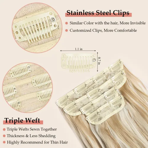 Miniatura 4 de Extensiones de cabello rubio con clip, de 22 pulgadas, extensiones de cabello largo y rizado con clip, 4 unidades, extensiones de cabello sintético