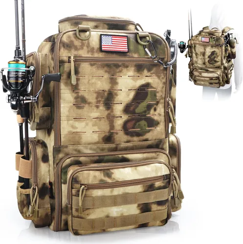Mochila de aparejos de pesca, mochila de pesca resistente al agua con soportes para cañas para 4 cajas (cajas no incluidas)