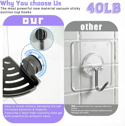 Miniatura 3 de Estante de ducha de esquina con ventosa, sin perforaciones, organizador de ducha de baño, estante de almacenamiento con ganchos para barra de toalla