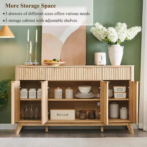Miniatura 4 de T4TREAM - Gabinete grande de aparador con almacenamiento, mesa de buffet moderna estriada de 60" para barra de café, vino, gabinete de Roble natural