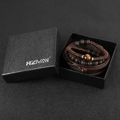 Miniatura 5 de HZMAN Pulseras de cuero genuino con diseño de árbol de la vida para hombres y mujeres, diseño de ojo de tigre, piedra natural, cuentas de roca