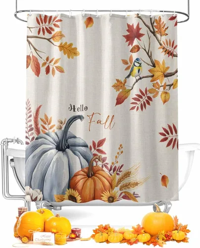 Cortina de ducha Hello Fall de 36 x 72 pulgadas, calabazas azules vintage con hojas de arce, cortina de baño impermeable con 12 ganchos, cortinas de