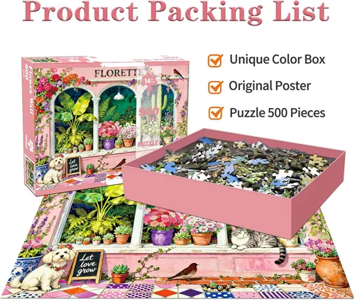 Miniatura 6 de Rompecabezas de 500 piezas para adultos, ventana de jardín floral con lindo cachorro de gato, rompecabezas de papel para decoración de plantas