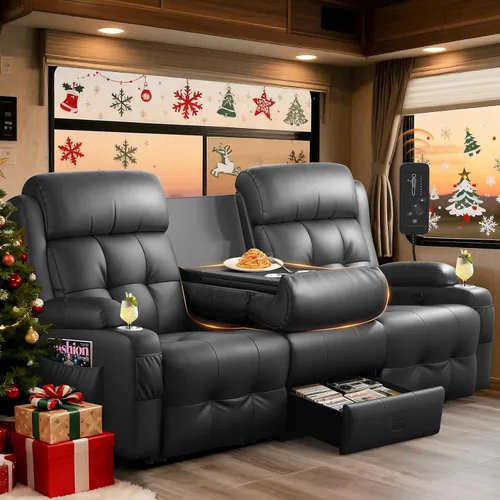 Miniatura 15 de Sofá Reclinable Loveseat para RV, Sofá Reclinable de Masaje de 3 Asientos Abrazador de Pared con USB, Bolsillos Integrados, Portavasos, Sofás Cama