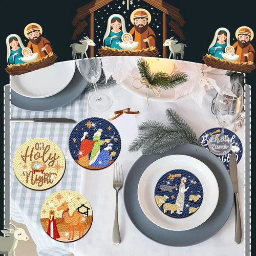 Miniatura 4 de Perthlin 8 posavasos de arte de diamantes de Navidad, árbol de Navidad, gnomo de caramelo, kit de pintura con soporte, kit de pintura de diamantes
