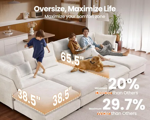 Miniatura 3 de Sofá Modular de Gran Tamaño, Sofá Seccional de Chenilla Nube Extra Profundo con Chaise Otomana, Sofá Esponjoso de Chenilla de 4 Plazas para Sala