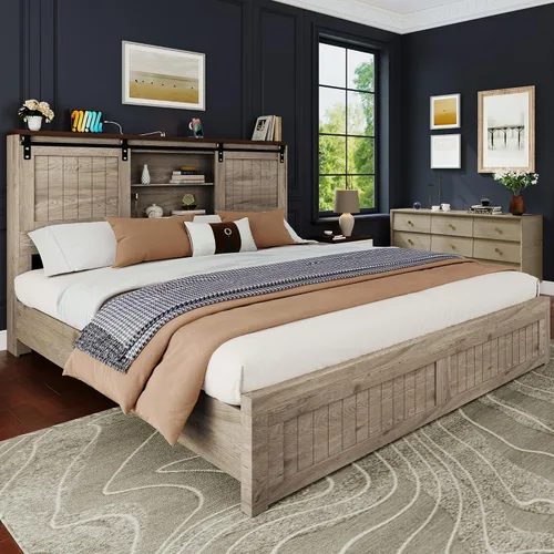 Miniatura 11 de Base de cama tamaño Queen con almacenamiento, puerta corrediza de granero, cama de plataforma de madera de granja con luz de lectura y estación