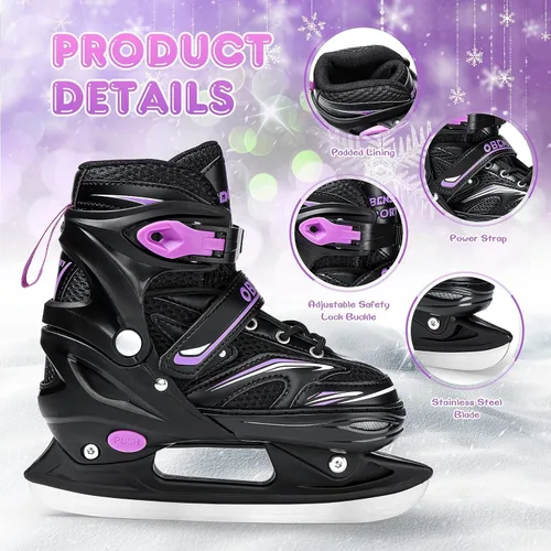 Miniatura 4 de Patines de hielo ajustables OBENSKY para niños, niños y niñas con bolsa para patines, 4 tallas ajustables, patines de hielo para niños