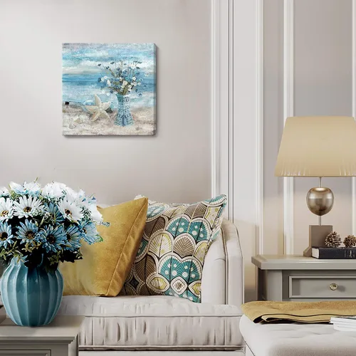 Miniatura 4 de Arte de pared para decoración de baño, imagen de playa azul, tema oceánico, impresión en lienzo de flores, pintura moderna de paisaje marino